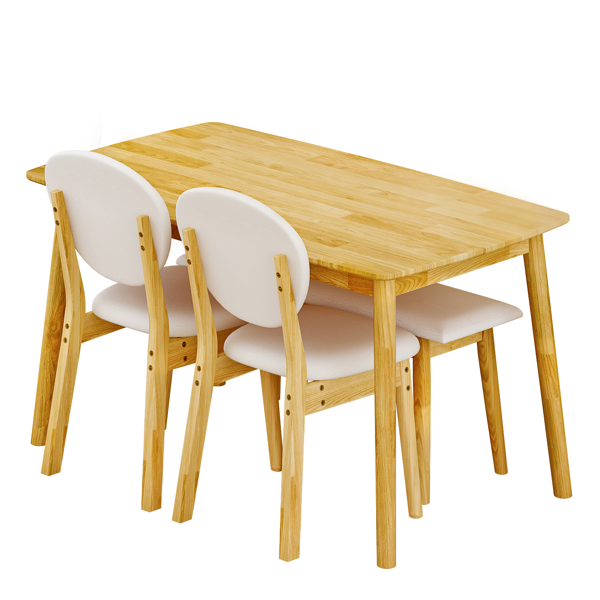 1桌2椅1凳 拆装 橡胶木+软包 原木色 餐桌椅套装 米色坐垫 长方形-5
