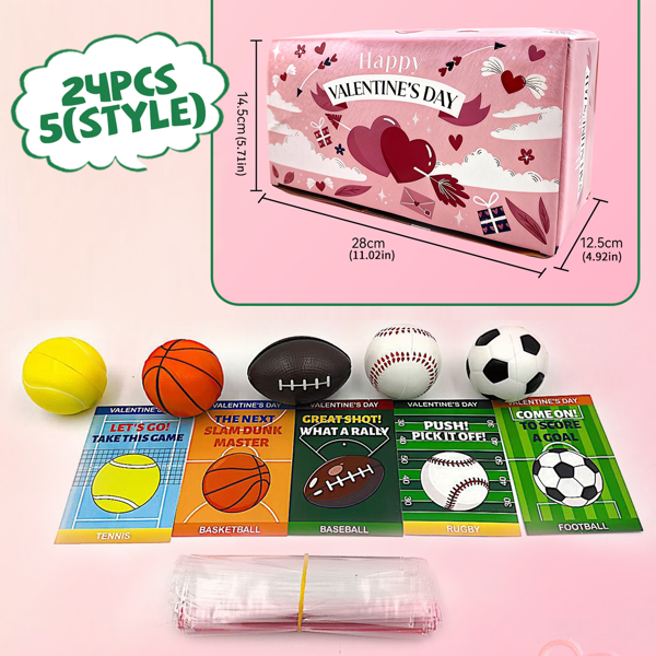 Sports Valentines Cards Gifts for Kids School Classroom - 24 Pack, Mini Foam Ball Toys with Exchange Cards for Toddler Boys Girls, Valentines Party Favors Goodie Bag Stuffer Class Prizes for Students-3