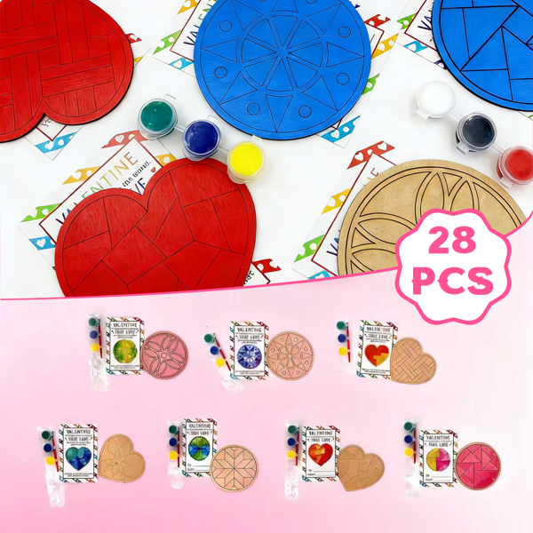 情人节儿童礼物 - 28 张情人节卡片套装，含美术用品 - 心形马赛克谷仓被子绘画工艺套装 - 适合课堂儿童男孩女孩礼物交换 - 情人节派对礼品-4
