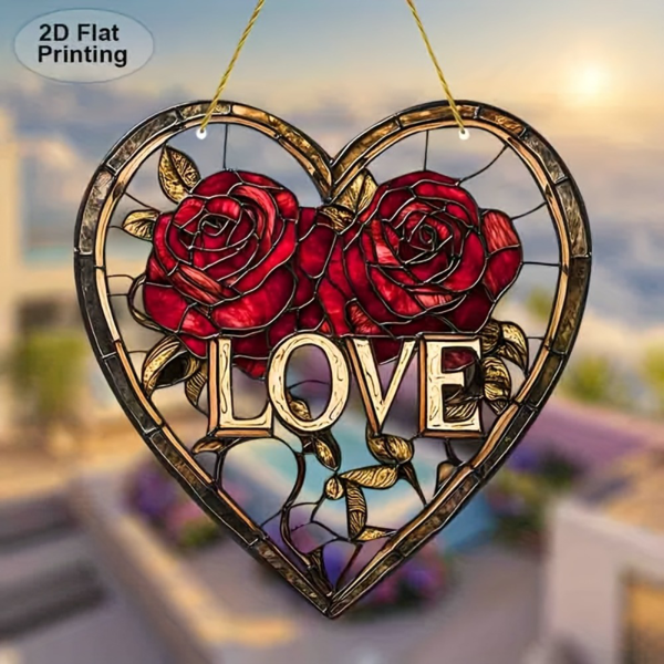 CIFbuy 7.87英寸红色玫瑰亚克力爱心装饰片 多彩花园主题窗饰 情人节礼物 (TikTok、temu下自提)-6