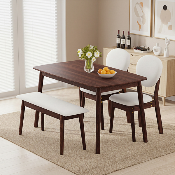 1桌2椅1凳 拆装 橡胶木+软包 深胡桃色 餐桌椅套装 米色坐垫 长方形-11