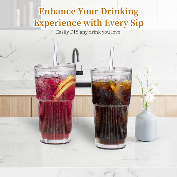 2个竖条纹玻璃水杯咖啡杯，外观高颜值，配有盖子、吸管和刷子，适合喝水、咖啡和牛奶-3