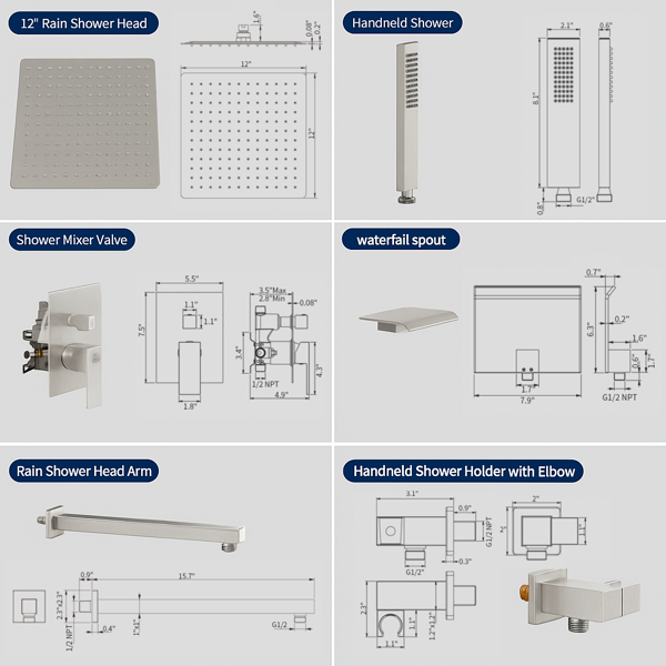 公头NPT拉丝镍淋浴系统，12英寸淋浴装置，带手持淋浴喷头的雨喷头，浴室壁挂式淋浴水龙头套件（包括压力平衡淋浴阀套件）【周末不发货，TK/TEMU订单仅支持自提】-6