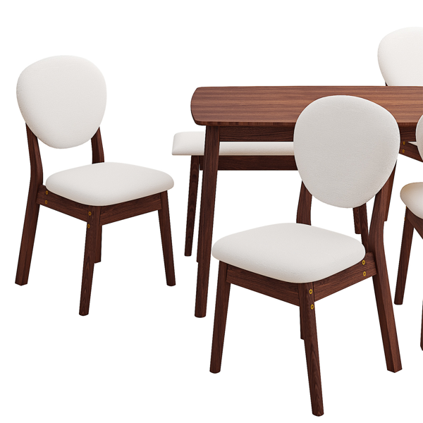 1桌4椅1凳 拆装 橡胶木+软包 深胡桃色 餐桌椅套装 米色坐垫 长方形-4