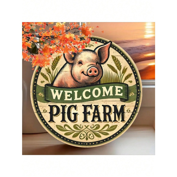 CIFbuy复古猪场主题设计平面金属标志圆形锡墙艺术墙饰(TikTok、temu下自提)-4