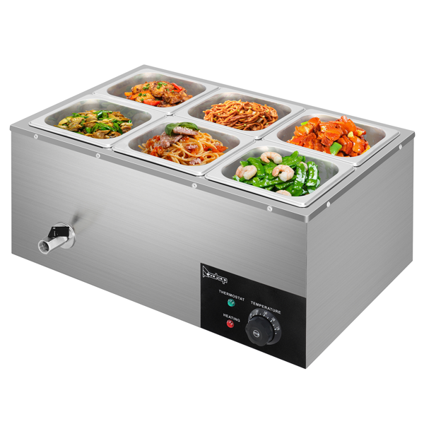 美规 C6C-1/6 110.00V 1200W 保温汤池 银色 不锈钢 6个1/6盆汤池 加热食物 带一个汤池一个漏勺-6