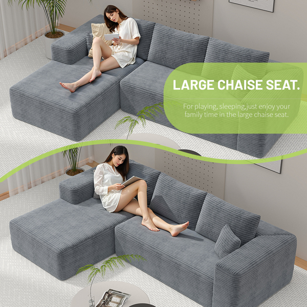 模块化宽条纹灯芯绒组合沙发｜全海绵深座二人位沙发 + 左侧贵妃躺椅｜现代客厅休闲沙发-9