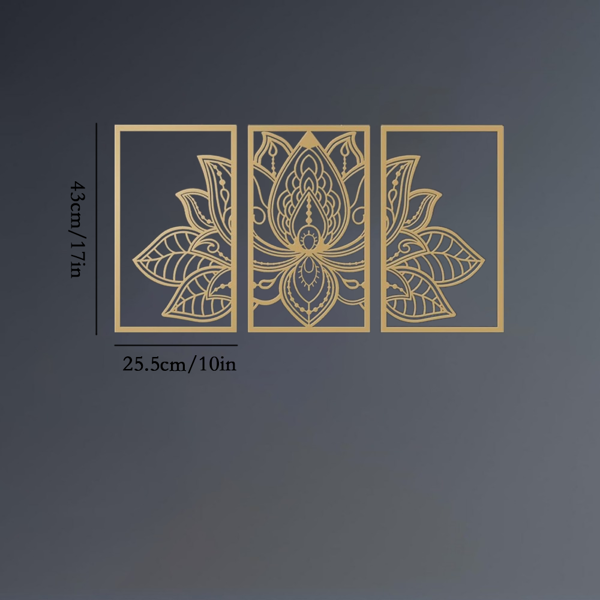 CIFbuy™ 铁艺曼陀罗莲花三联装饰画，禅意风墙面挂饰，轻奢主题家居软装（在 TikTok、temu 下可自提）-7