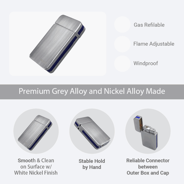 SIKARO®星空* 银面蓝色边条日本设计时尚强力防风打火机雪茄香烟厨房户外可重复充气可调节火焰高度便携式-4