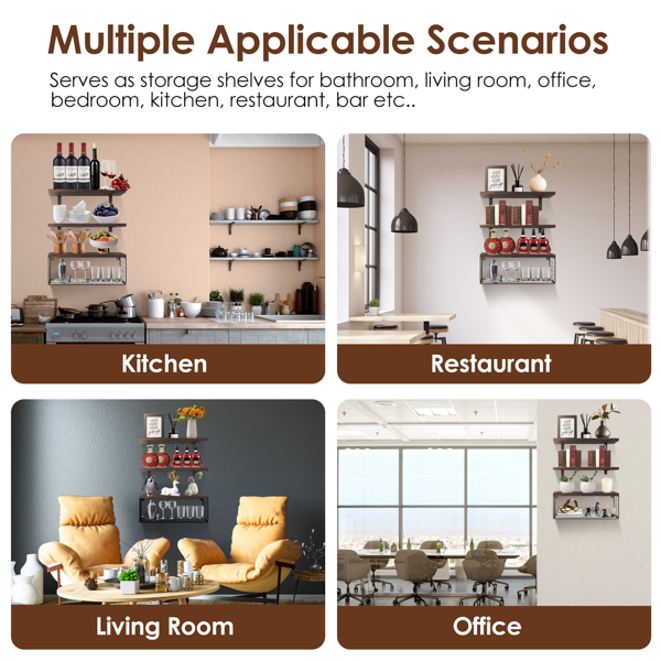 （自提可发加拿大，temu&tk下自提单）二合一带收纳篮壁挂置物架，耐用泡桐木墙面储物架，适配浴室客厅，乡村风装饰置物架，承重可达 66 磅，三层多功能壁挂收纳架-10