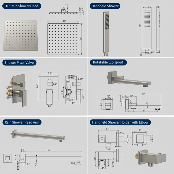 公NPT折叠式浴缸淋浴水龙头，带浴缸水龙头套件和浴室手持淋浴喷头系统，拉丝镍黑色3功能浴缸淋浴粗糙阀门和分流器【周末不发货，TK/TEMU订单仅支持自提】-6