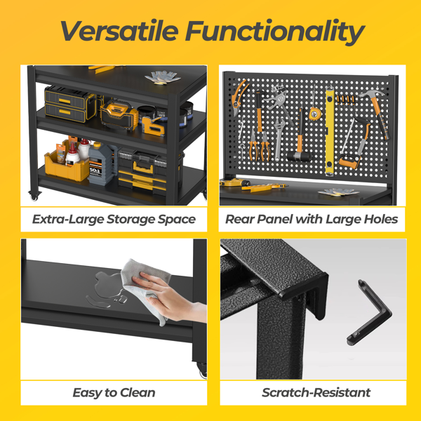 Temu仅支持自提 带钉板的工作台、带轮子可调货架的重型3000磅工作台、工具车、车库仓库工作台47.2英寸高*33.46英寸宽*18英寸深-6