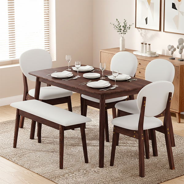 1桌4椅1凳 拆装 橡胶木+软包 深胡桃色 餐桌椅套装 米色坐垫 长方形-15