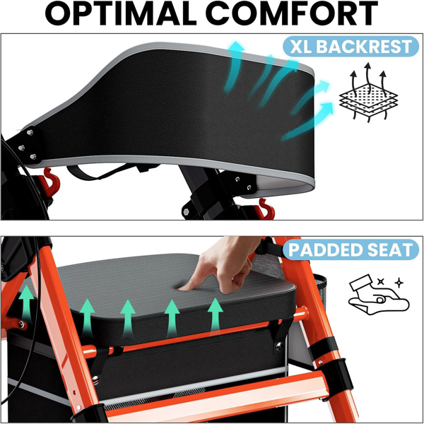 可折叠助行器，带座椅，专为老年人设计，承重450磅，8英寸大轮，18英寸宽大座椅，6档高度可调，重型铝合金材质，滚动式助行器（红色）-不支持self-pick up且不支持指定仓库发货-4