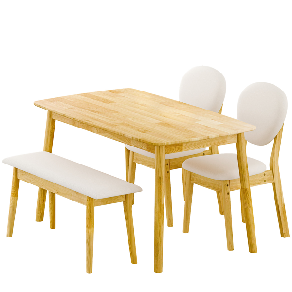 1桌2椅1凳 拆装 橡胶木+软包 原木色 餐桌椅套装 米色坐垫 长方形-8