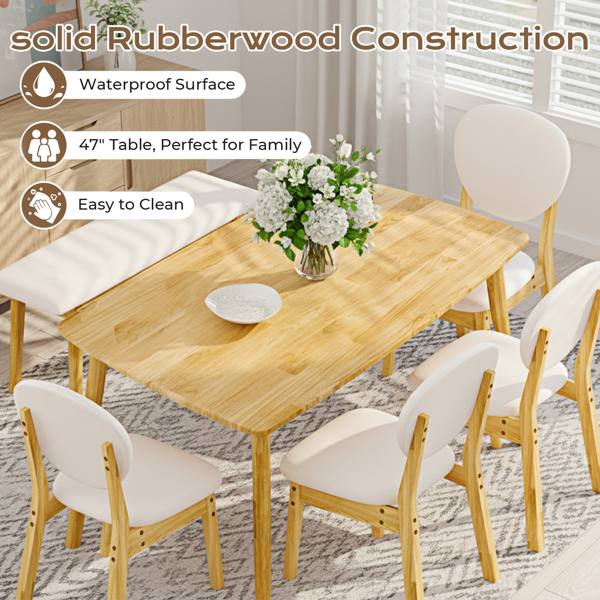 1桌4椅1凳 拆装 橡胶木+软包 原木色 餐桌椅套装 米色坐垫 长方形-2