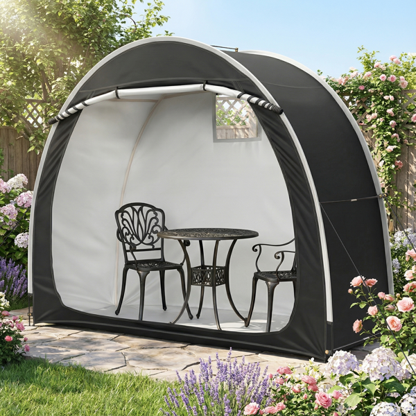 6.8X2.6FT 黑色 圆弧形 储物棚 单拉链门 内部配收纳袋 黑色玻纤杆框架 210DPU银胶牛津布 自行车储物棚 配拎包-16