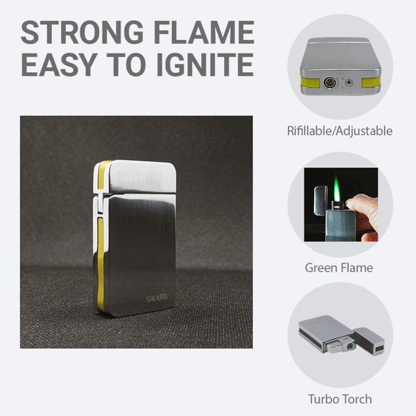 SIKARO®星空* 银面金色边条日本设计时尚强力防风打火机雪茄香烟厨房户外可重复充气可调节火焰高度便携式-6