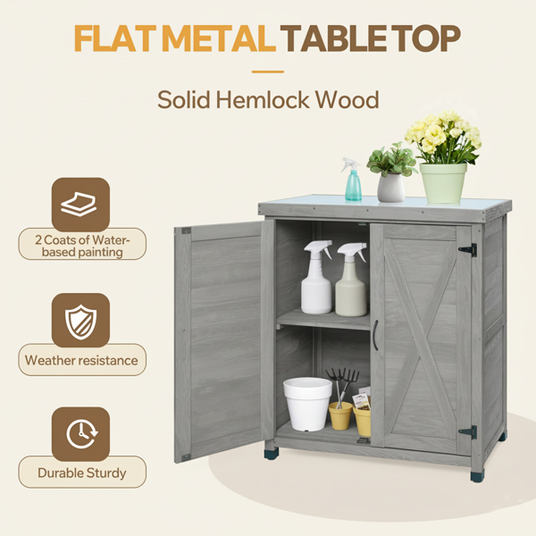 不同于普通的实木收纳柜,可对标HDPE材质,新款实木带储物柜和金属台面的盆栽台，用于户外露台、户外工作台表面两层水性漆-灰色，可自提-6