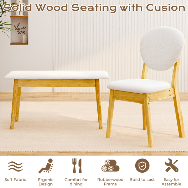 1桌4椅1凳 拆装 橡胶木+软包 原木色 餐桌椅套装 米色坐垫 长方形-3