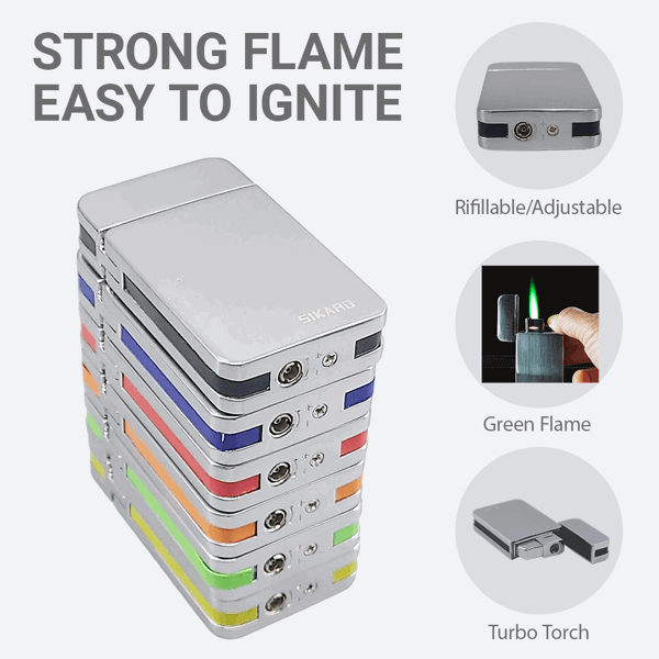 SIKARO®星空* 银面6色套装日本设计时尚强力防风打火机雪茄香烟厨房户外可重复充气可调节火焰高度便携式-5