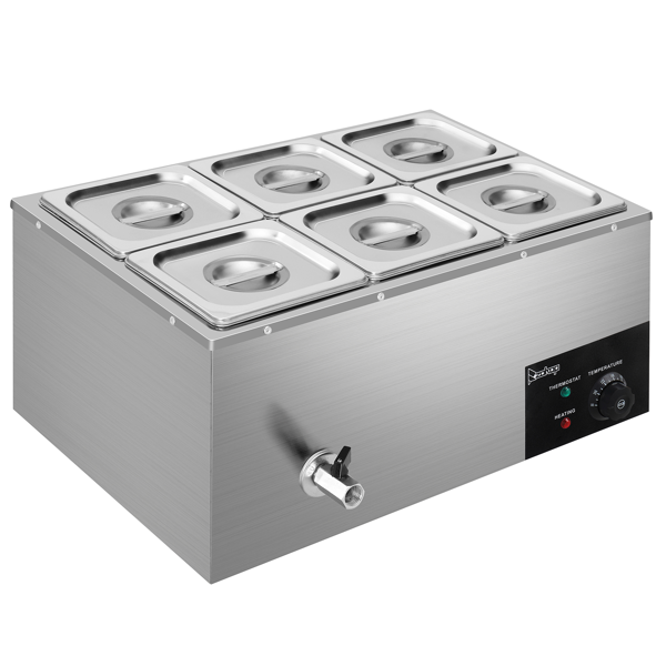 美规 C6C-1/6 110.00V 1200W 保温汤池 银色 不锈钢 6个1/6盆汤池 加热食物 带一个汤池一个漏勺-3