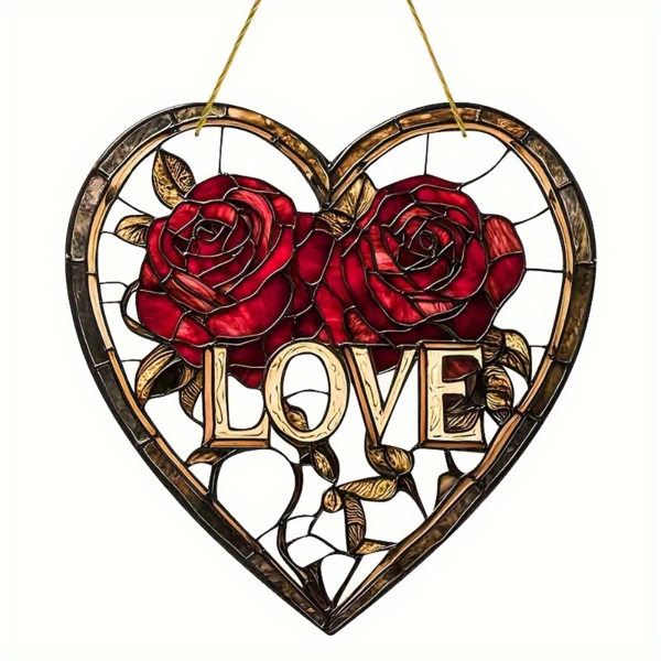 CIFbuy 7.87英寸红色玫瑰亚克力爱心装饰片 多彩花园主题窗饰 情人节礼物 (TikTok、temu下自提)-5