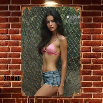 CIFbuy复古粉色比基尼牛仔短裤金属墙饰 铝制标牌可挂墙 (TikTok、temu下自提)