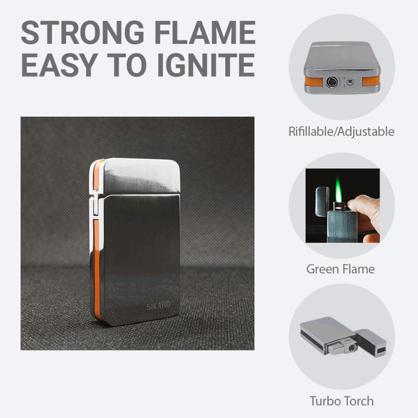 SIKARO®星空* 银面橘色边条日本设计时尚强力防风打火机雪茄香烟厨房户外可重复充气可调节火焰高度便携式-6