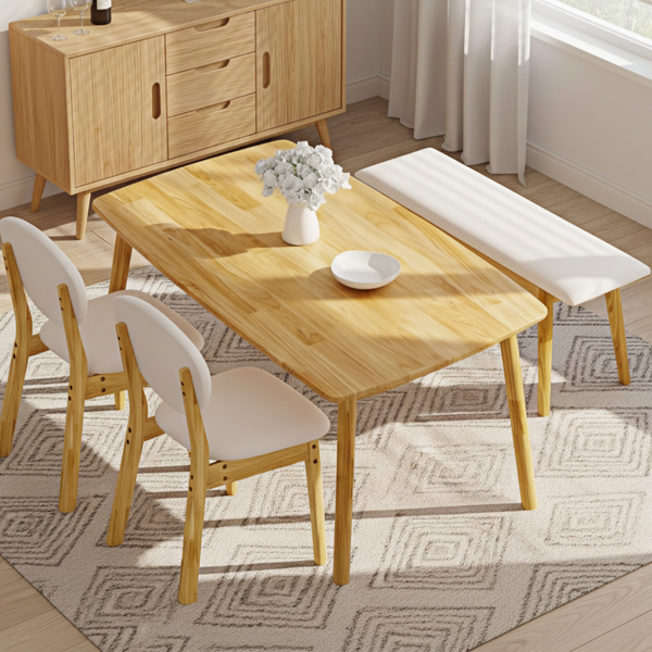 1桌2椅1凳 拆装 橡胶木+软包 原木色 餐桌椅套装 米色坐垫 长方形-10