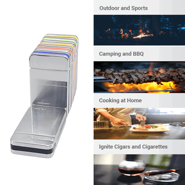 SIKARO®星空* 银面绿色边条日本设计时尚强力防风打火机雪茄香烟厨房户外可重复充气可调节火焰高度便携式-5