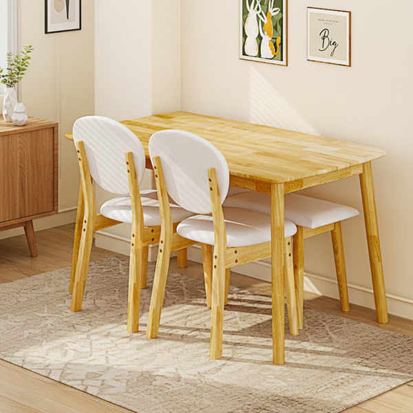 1桌2椅1凳 拆装 橡胶木+软包 原木色 餐桌椅套装 米色坐垫 长方形-17