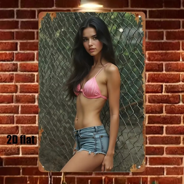 CIFbuy复古粉色比基尼牛仔短裤金属墙饰 铝制标牌可挂墙 (TikTok、temu下自提)-1