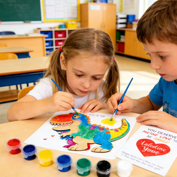 情人节儿童礼物 - 28 张情人节卡片套装，含美术用品 - 恐龙木质绘画工艺套装 - 适合课堂儿童男孩女孩礼物交换 - 情人节派对小礼物-4