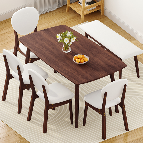 1桌4椅1凳 拆装 橡胶木+软包 深胡桃色 餐桌椅套装 米色坐垫 长方形-17