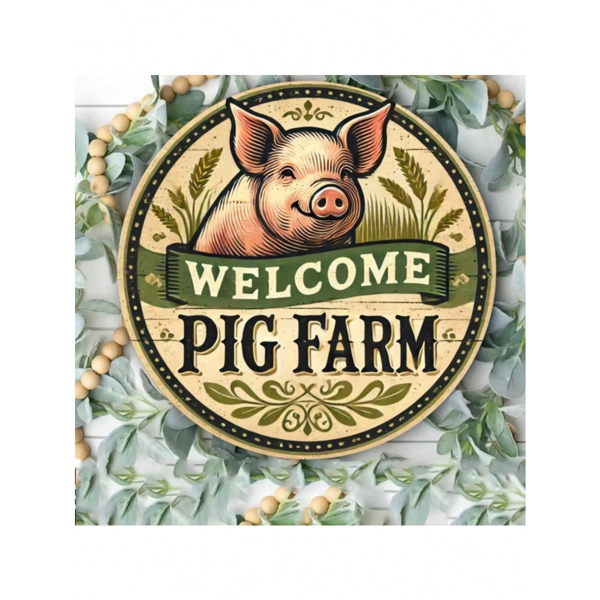 CIFbuy复古猪场主题设计平面金属标志圆形锡墙艺术墙饰(TikTok、temu下自提)-7