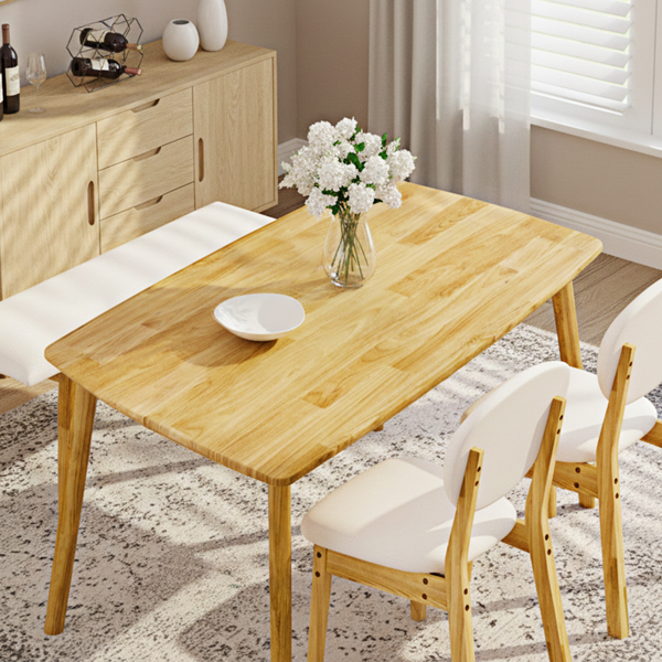 1桌2椅1凳 拆装 橡胶木+软包 原木色 餐桌椅套装 米色坐垫 长方形-13