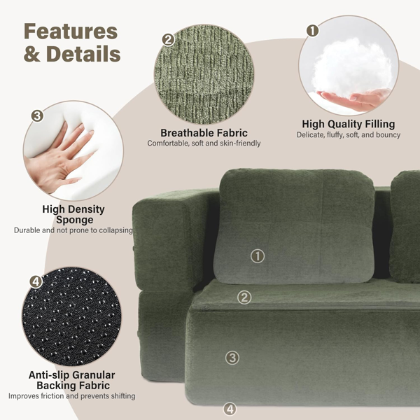 可转换沙发床，带毯子，客厅卧室用无骨云沙发，高密度实心海绵模块化沙发座，绿色-4