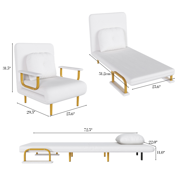 三合一折叠沙发床/可转换座椅 - 五档可调节靠背，带枕头，节省空间，适用于客厅、卧室和办公室（白色）-2