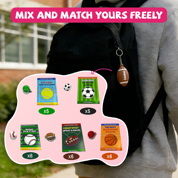 足球主题情人节礼物卡，附赠减压球钥匙扣，适合儿童班级，28 件装足球钥匙扣玩具及交换卡片，适合教室男孩女孩，情人节非糖果礼物，学生学校奖品-4