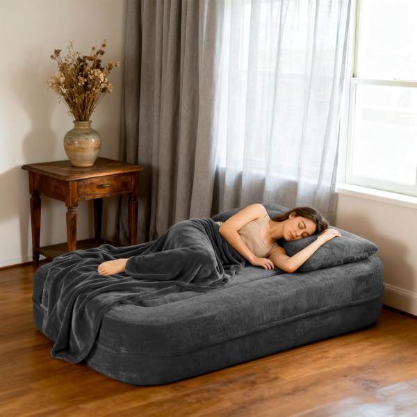 可转换沙发床，带毯子，客厅卧室用无骨云沙发，高密度实心海绵模块化沙发座，灰色-6