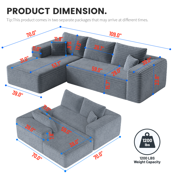 模块化宽条纹灯芯绒组合沙发｜全海绵深座二人位沙发 + 左侧贵妃躺椅｜现代客厅休闲沙发-4