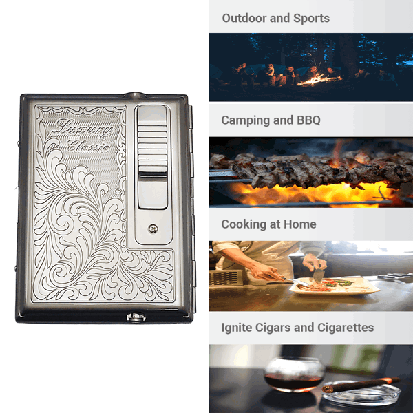 LEGENDEX®优雅*黑镍面金属烟盒标准84毫米小雪茄/香烟盒内嵌防风打火机雪茄香烟厨房户外可重复充气可调节火焰高度便携式-6