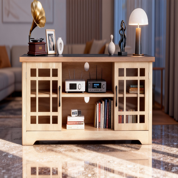 深棕色顶+原木色柜体 刨花板贴三胺 147*40*56cm 双玻璃门 电视柜-13