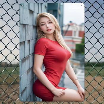 CIFbuy复古红色连衣裙金发女郎剪影铝制墙艺卧室客厅装饰(TikTok、temu下自提)