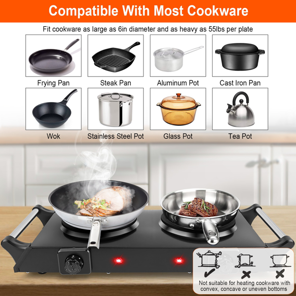 （自提可发加拿大，temu&tk下自提单）2000 瓦双灶电加热板，5 档温度调节（200℃-500℃），便携式台面炉，适用于所有平底炊具，加热快速均匀，易于清洁，适合宿舍、房车、公寓使用-7