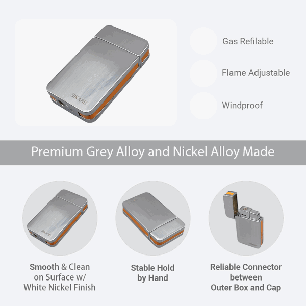 SIKARO®星空* 银面橘色边条日本设计时尚强力防风打火机雪茄香烟厨房户外可重复充气可调节火焰高度便携式-3