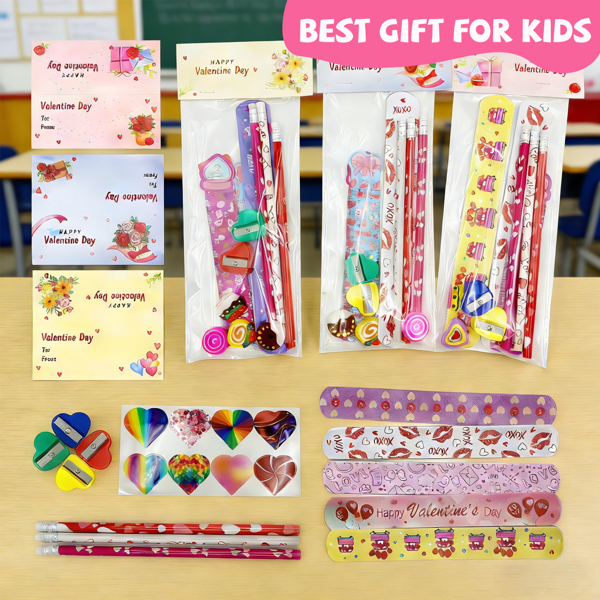 28 Packs/140pcs Valentines Day Stationery Kids Gift Set for School Classmates Exchange, Party Favor, Includes Pencils, Erasers, Stamper, Stickers-2