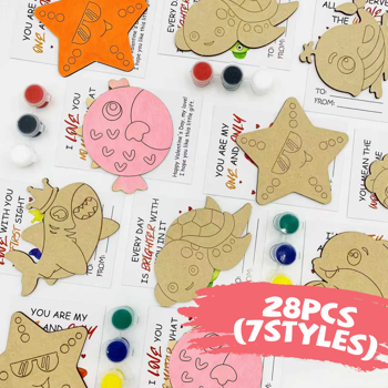 情人节儿童礼物 - 28 张情人节卡片套装，含美术用品 - 心形马赛克谷仓被子绘画工艺套装 - 适合课堂儿童男孩女孩礼物交换 - 情人节派对礼品