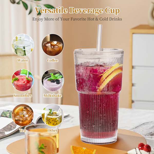 2个竖条纹玻璃水杯咖啡杯，外观高颜值，配有盖子、吸管和刷子，适合喝水、咖啡和牛奶-5